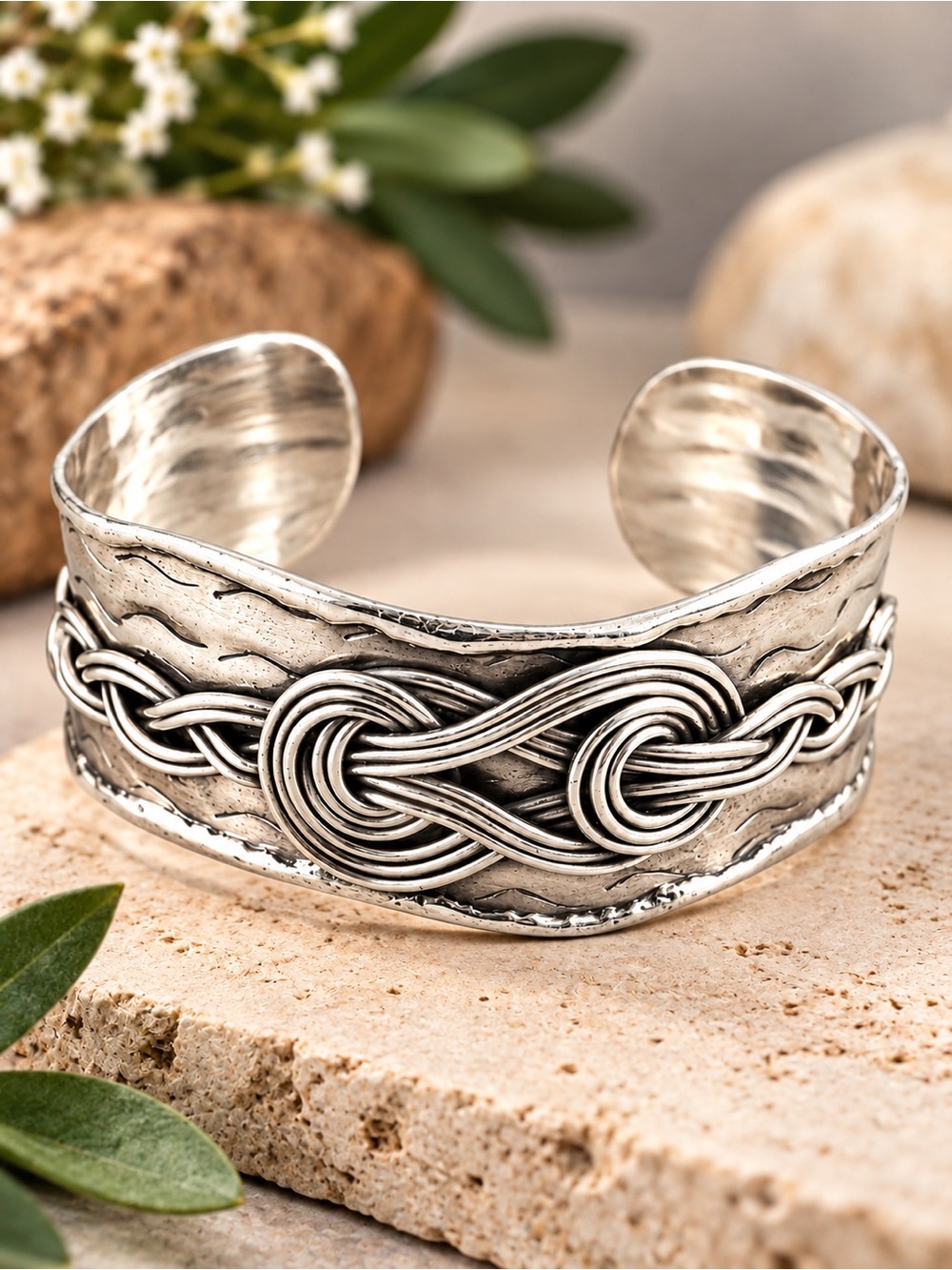 Celtic Knot Wire Swirl Open Cuff Statement Bracelet Silver Tone